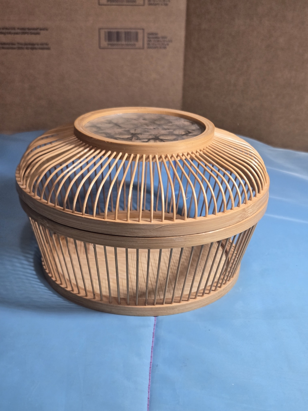 Vintage Asian Woven Bamboo Ratan Lucky Cricket Cage Starburst Basket & Lid